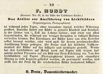 Werbeannonce des Münsteraner Fotografen Friedrich Hundt (1807-1887) für "die Ausführung von Lichtbildern (Daguerotypien, Photographieen) ... während jedes Tages, ohne Ausnahme irgendwelcher Witterung ..." in seinem Atelier Kreuzstraße 97 (später Kreuzstraße 42)