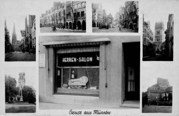 Friseursalon Börding, 1930er Jahre: Münster-Postkarte mit Herrensalon Bernhard Börding an der Warendorfer Straße 65, eröffnet 1908, undatiert