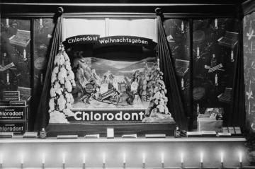 Friseursalon Bernhard Börding, 1940er Jahre: Weihnachtliche Schaufensterdekoration mit Cholorodont-Zahncreme der Dresdener Leo-Werke im Geschäftslokal an der Warendorfer Straße 65, eröffnet 1908, undatiert