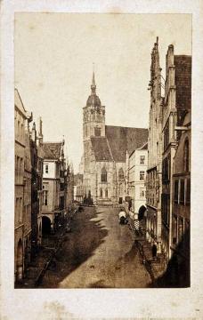 Münster-Altstadt: Prinzipalmarkt mit Stadtwache (Mitte rechts) und St. Lamberti-Kirche, um 1857