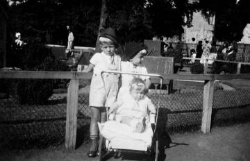 Zoologischer Garten an der Aa, Münster, um 1940: Die Kinder Karl-Ludwig und Alfred Bölling mit Schwesterchen Gisela am Meerschweinchengehege