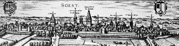 Soest, historische Stadtansicht, Kupferstich von Matthäus Merian, um 1650, Aufnahmedatum der Fotografie ca. 1913.