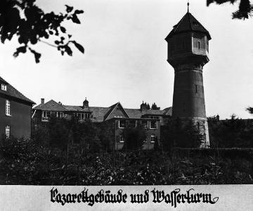 Provinzial-Heilanstalt Lippstadt-Eickelborn, Lazarettgebäude und Wasserturm, um 1928? Anstaltsgründung 1882, später Westfälische Klinik für Psychiatrie Lippstadt. Undatiert.