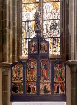 Ev. Pfarrkirche St. Petri, "Barbara- oder Klepping-Altar", Stiftung des Dortmunders Andreas Klepping: Schnitz- und Flügelaltar mit Skulptur der Hl. Barbara, Flandern, um 1520/30