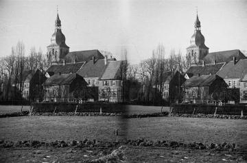 Nottuln mit Pfarrkirche St. Martinus um 1947, Ansicht aus Richtung Potthof, Stereoskopie