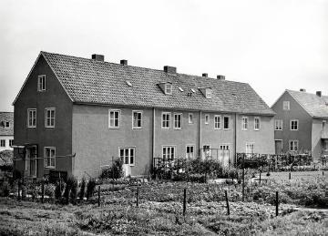 Bielefeld, Am Niederfeld: Vierfamilienhaus mit Nutzgärten in einer Genossenschaftssiedlung (Westfälisch-Lippische Heimstätte?), undatiert, um 1956?