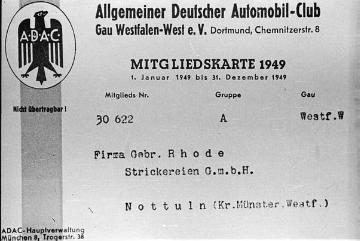 ADAC-Mitgliedskarte 1949 der Firma Gebr. Rhode Strickereien GmbH, Nottuln