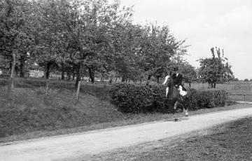 Hochzeit Allendorf (2) - Reiter unterwegs zum Hof Allendorf (Hochzeitslader?), Nottuln, Ende 1940er Jahre