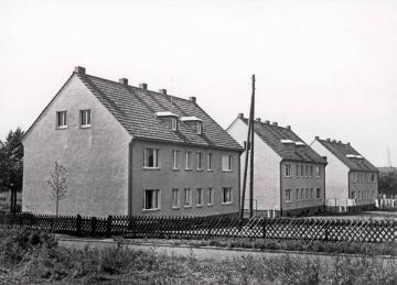 Herne, Flottmannstraße 41-45: Drei Wohnblöcke der Wohnstätten-GmbH Herne mit insgesamt 14 Mietwohnungen, errichtet 1953-1954, gartenseitige Ansicht