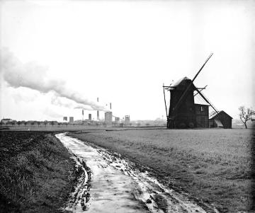 Windmühle mit Blick auf Zeche Gneisenau in Dortmund-Derne (Scharnhorst), Zechenbetrieb 1880er Jahre bis 1985. Aufnahme undatiert, um 1930?