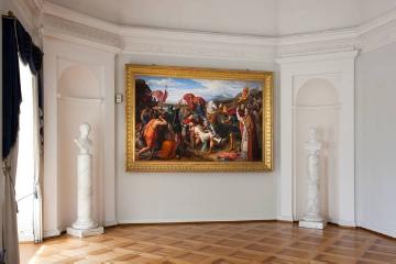 Tod Barbarossas, Gemälde im Stein-Saal von Schloss Cappenberg (Julius Schnorr von Carolsfeld, 1832), in Auftrag gegeben vom damaligen Schlossbesitzer Freiherr vom und zum Stein