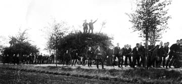 Herbstbrauch in Gütersloh - das Oktoberfeuer: Wagenkolonne mit Sammelholz auf dem Weg zum Feuerplatz, 1913