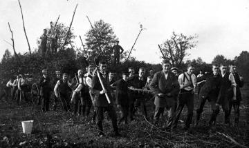 Herbstbrauch in Gütersloh - das Oktoberfeuer: Gütersloher Gymnasiasten beim Abfahren des gesammelten Holzes zum Feuerplatz, 1913
