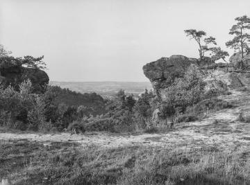 Felsenpartie "Dreikaiserstuhl" im Naturschutzgebiet Dörenther Klippen, einer 4 Kilometer langen Sandsteinformation im Teutoburger Wald zwischen Ibbenbüren und Tecklenburg