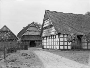 Fachwerk-Bauernhof bei Badbergen in der Samtgemeinde Artland, Landkreis Osnabrück, Niedersachsen, errichtet um 1750. Undatiert.