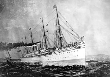 Abbildung des 1889 gebauten Schnelldampfers "Kaiser Wilhelm II." der Reederei Norddeutscher Lloyd, ab 1900 umbenannt in "Hohenzollern", um den vorherigen Namen freizumachen für einen 1903 fertiggestellten Schnelldampfer mit vier Schornsteinen.