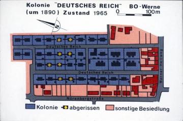 Siedlungsgrundriss der Bergbaukolonie "Deutsches Reich" in Bochum-Werne, errichtet von der Harpener Bergbau AG zwischen 1870 und 1900 als Bereitschaftssiedlung der Zeche Robert Müser.