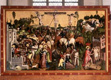 Meister von Schöppingen: Schöppinger Altar, Mitteltafel mit Darstellung der Kreuzigung Christi,  Flügelaltar in der Kirche St. Brictius, um 1453/54