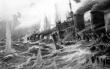 Kriegsschauplatz Skagerrak 1916 (Gemälde):  Deutsches Torpedoboot während eines Angriffs