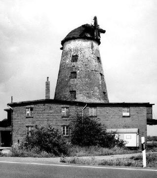 Westfälische Mühlenstraße: Ruine der Pottmühle mit 18 Meter hohem Bruchsteintturm, erbaut 1938, jüngster Gallerieholländer im Kreis Minden-Lübbecke (später renoviert)