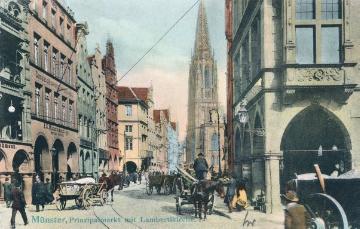 Belebter Prinzipalmarkt mit Blick zur Lambertikirche, colorierte Postkarte, gestempelt 1906
