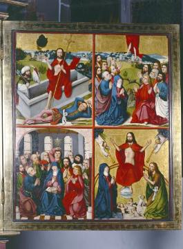 Ev. Stadtkirche St. Georg, Flügelalter aus der Werkstatt der Meister von Liesborn: Innentafel mit Darstellung der Auferstehung Christi, Gotik, um 1470