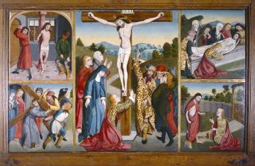 Kath. Parrkirche St. Vitus, Flügelaltar: Mitteltafel mit Szenen der Passionsgeschichte, zugeschrieben dem Meister von Liesborn, Gotik, um 1470
