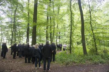 Naturbestattung im Friedwald Warendorf-Freckenhorst: Trauergesellschaft auf einer Urnenbeisetzung.