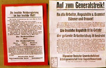 Weimarer Republik: Reaktion auf den 'Kapp-Putsch': Flugblatt vom 13. März 1920: Aufruf zum Generalstreik durch die Reichsregierung und die Gewerkschaften