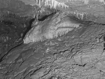 Tropfsteinhöhle im Kalksteinbruch Hohe Lieth bei Warstein, Apr. 1949.
