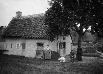 Harsewinkel, um 1902: Landleute vor ihrem Haus im Lausebrink - "Bernhard Deiterd (Hüskenbenken) und Sohn von Schniedermoder Dropmann (Kleinestrangmann)".