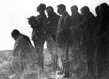 Gemälde - Kriegsschauplatz Westflandern 1914-1918, "Ypernschlacht": Deutsche Soldaten gedenken gefallener Kameraden
