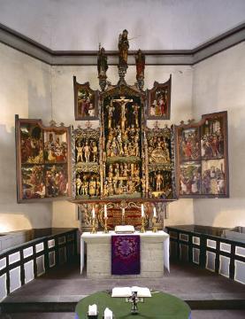 Ev. Pfarrkirche St. Severin: Flügelaltar mit geschnitztem Mittelteil, Gotik, um 1520