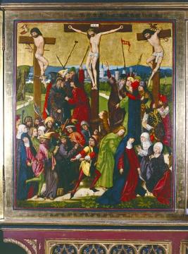 Ev. Stadtkirche St. Georg, Flügelalter aus der Werkstatt der Meister von Liesborn: Innentafel mit Darstellung der Kreuzigung Jesu, Gotik, um 1470