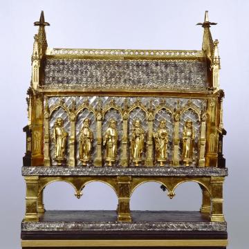 Kirche St. Cornelius und Cyprian: Corneliusschrein, Queransicht mit Apostelfiguren, Kupfer und Silber vergoldet, Gotik, 1498