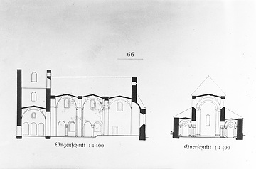 Längs- und Querschnittzeichnung einer romanischen Pfeilerbasilika am Beispiel der ev. Pfarrkirche, Ostönnen, ehem. St. Andreas