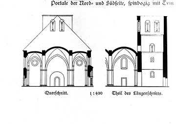Aufrisszeichnung: Längs- und Querschnitt einer Hallenkirche am Beispiel der ev. Pfarrkirche Lohne, ehem. St. Pantaleon