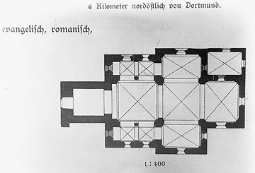 Grundrisszeichnung einer Hallenkirche am Beispiel der ev. Pfarrkirche  Dortmund-Kirchderne, ehem. St. Dionysius