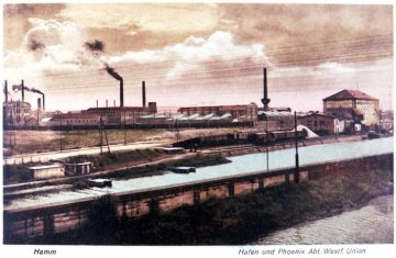 Stadthafen Hamm: Phoenix-Werke / Abteilung Westfälische Union am Datteln-Hamm-Kanal. Postkarte, undatiert, um 1920 [?]