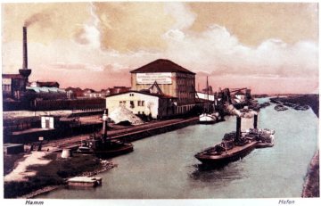 Stadthafen Hamm: Frachtkai der Spedition "Münsterschen Schiffahrts- und Lagerhaus Aktien-Gesellschaft" am Datteln-Hamm-Kanal. Postkarte, undatiert, um 1920 [?]