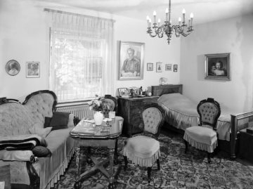 Damenschlafzimmer im neuen Haus Caldenhof (?), Hamm-Westtünnen, 1962.