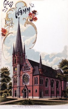 Christuskirche, Hamm, Lange Straße - Postkartenaufschrift "Neue evangelische Kirche Westenfeldmark". Undatiert, um 1905 [?]