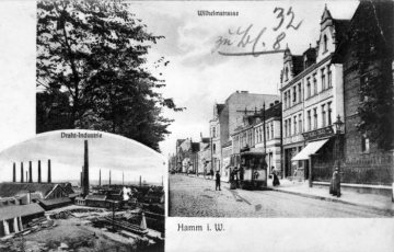 Hamm - Wilhelmstraße mit Straßenbahnverkehr (Trassenbau ab 1898). Links angeschnitten: Werkshallen der WDI (Westfälische Drahtindustrie). Rechts: Gaststätte Kiese, später Grotendiek. Postkarte, undatiert, um 1910.