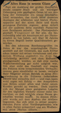 Hamm, 1949: Zeitungsbericht zur Neueröffnung des Fotoateliers Josef Viegener an der Ostenallee 29 nach Zerstörung des 1930 bezogenen Geschäftshauses Oststraße 36 durch Bombeneinschlag 1944.
