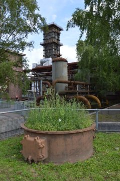 Kokerei Hansa, Industriedenkmal in Dortmund-Huckarde - Löschturm und ein bepflanztes Rohrleitungselement.