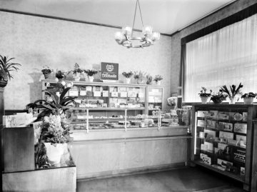 Bäckerei und Café Wilhelm Schulte, Hamm, Weststraße 36. Auf dem Wandregal: Aufsteller "25 Jahre Konditorei Aloys Schulte". Undatiert, um 1953.