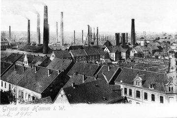WDI (Westfälische Drahtindustrie), Hamm: Werksgebäude an der Wilhelmstraße, aufgenommen vom Turm der Josefskirche. Postkarte, um 1900.