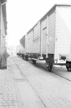 WDI (Westfälische Drahtindustrie), Hamm: WDI-Güterwaggons an der werkseigenen Verladestation. Undatiert.
