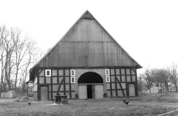 Hof Westermeier in Delbrück-Hagen-Nordhagen. Niederdeutsches Hallenhaus, Ansicht um 1952.