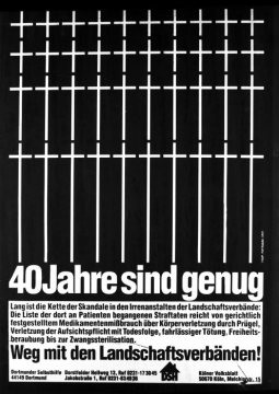 Protestplakat der "Dortmunder Selbsthilfe" (Organisation psychisch Kranker) gegen die Psychiatrischen Kliniken des Landschaftsverbandes Westfalen-Lippe (Aufnahmedatum unbekannt)